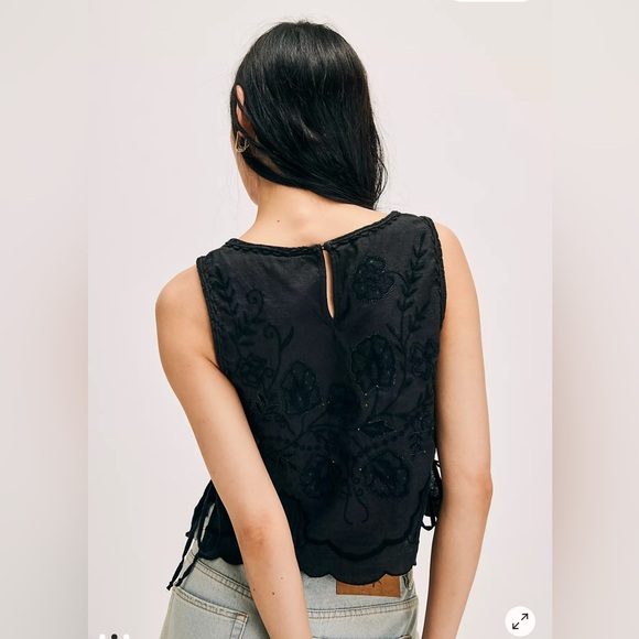 Free People Faded Gardens Tank, XS, FLAW, Black, Ties on Sides, Embroidered NWOT - Picture 4 of 10